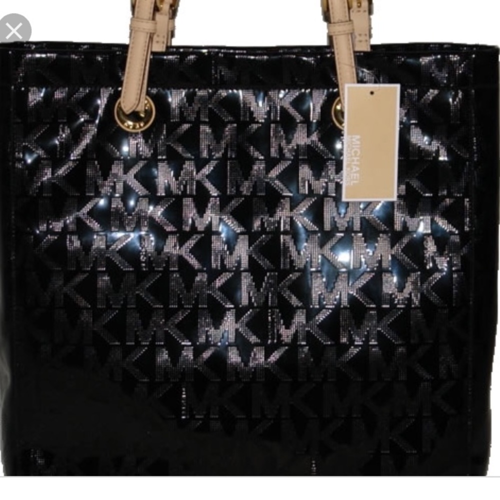 Michael Korda black shiny tote bag.